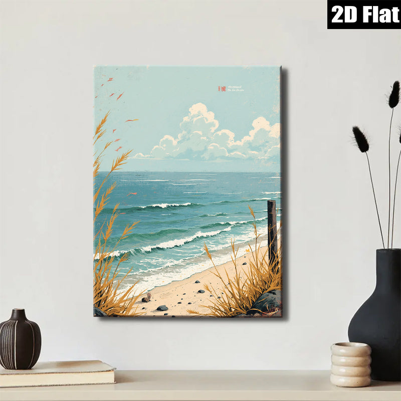 2D flat 1pc Coastal Beach Grass Ocean Waves Scenic Wall Art for Living Room Bedroom Home Decor Farmhouse Style Canvas Prints