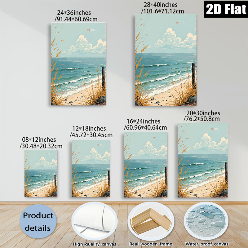 2D flat 1pc Coastal Beach Grass Ocean Waves Scenic Wall Art for Living Room Bedroom Home Decor Farmhouse Style Canvas Prints