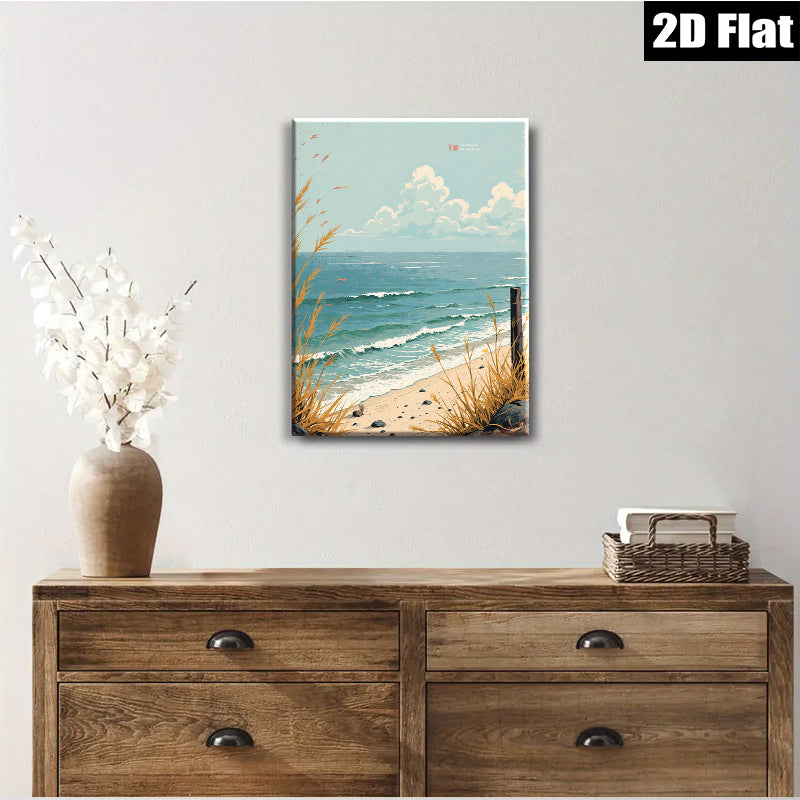 2D flat 1pc Coastal Beach Grass Ocean Waves Scenic Wall Art for Living Room Bedroom Home Decor Farmhouse Style Canvas Prints