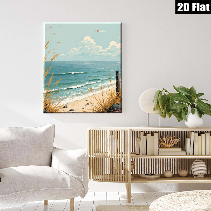 2D flat 1pc Coastal Beach Grass Ocean Waves Scenic Wall Art for Living Room Bedroom Home Decor Farmhouse Style Canvas Prints