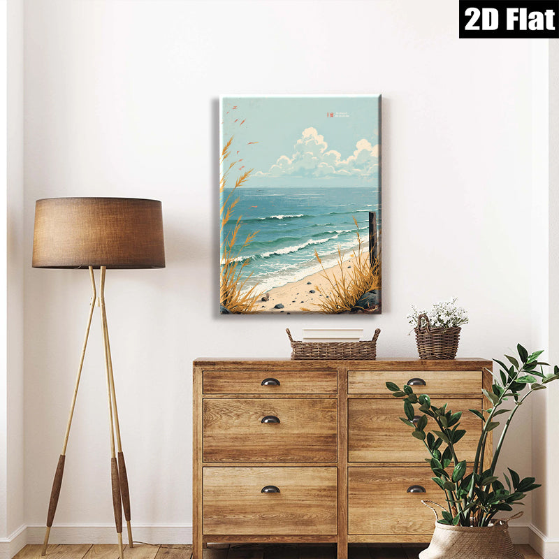 2D flat 1pc Coastal Beach Grass Ocean Waves Scenic Wall Art for Living Room Bedroom Home Decor Farmhouse Style Canvas Prints