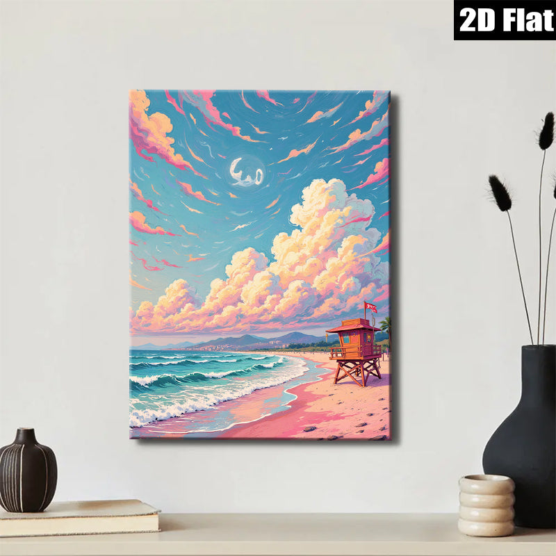 2D flat 1pc Coastal Beach Lifeguard Tower Sunset Ocean Wall Art for Living Room Bedroom Decor Modern Farmhouse Style Canvas Prints Wrapped Ready to Hang