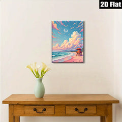 2D flat 1pc Coastal Beach Lifeguard Tower Sunset Ocean Wall Art for Living Room Bedroom Decor Modern Farmhouse Style Canvas Prints Wrapped Ready to Hang