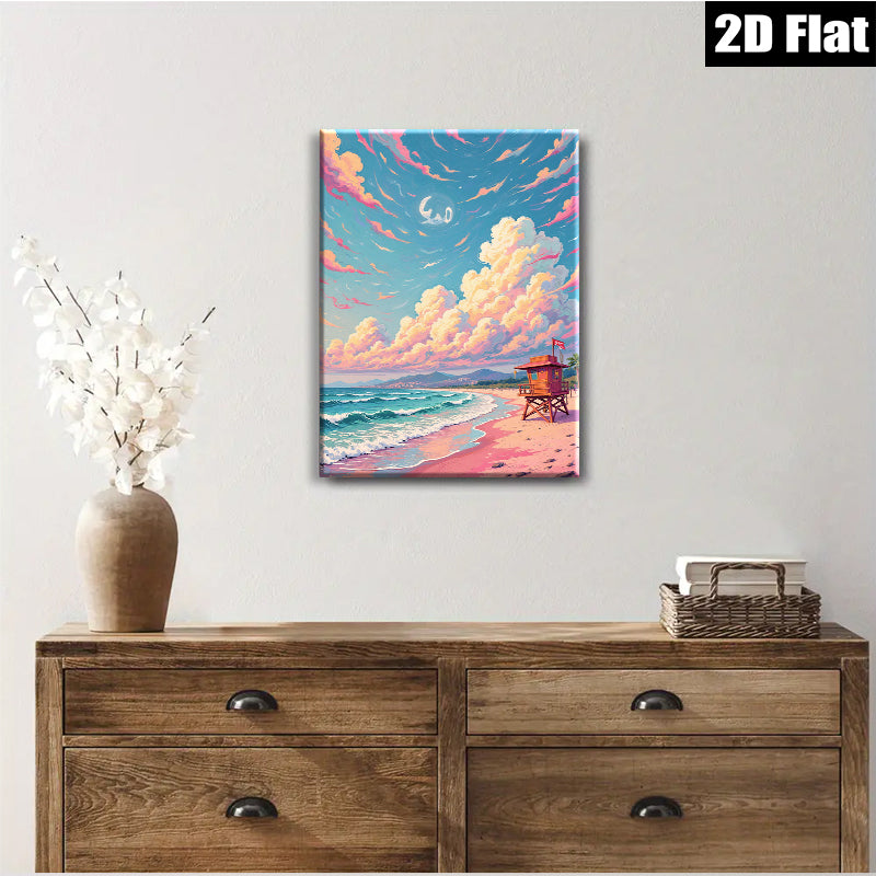 2D flat 1pc Coastal Beach Lifeguard Tower Sunset Ocean Wall Art for Living Room Bedroom Decor Modern Farmhouse Style Canvas Prints Wrapped Ready to Hang
