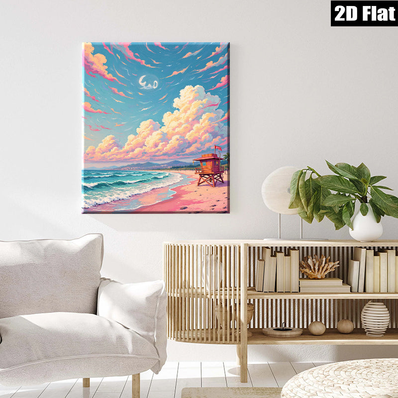 2D flat 1pc Coastal Beach Lifeguard Tower Sunset Ocean Wall Art for Living Room Bedroom Decor Modern Farmhouse Style Canvas Prints Wrapped Ready to Hang