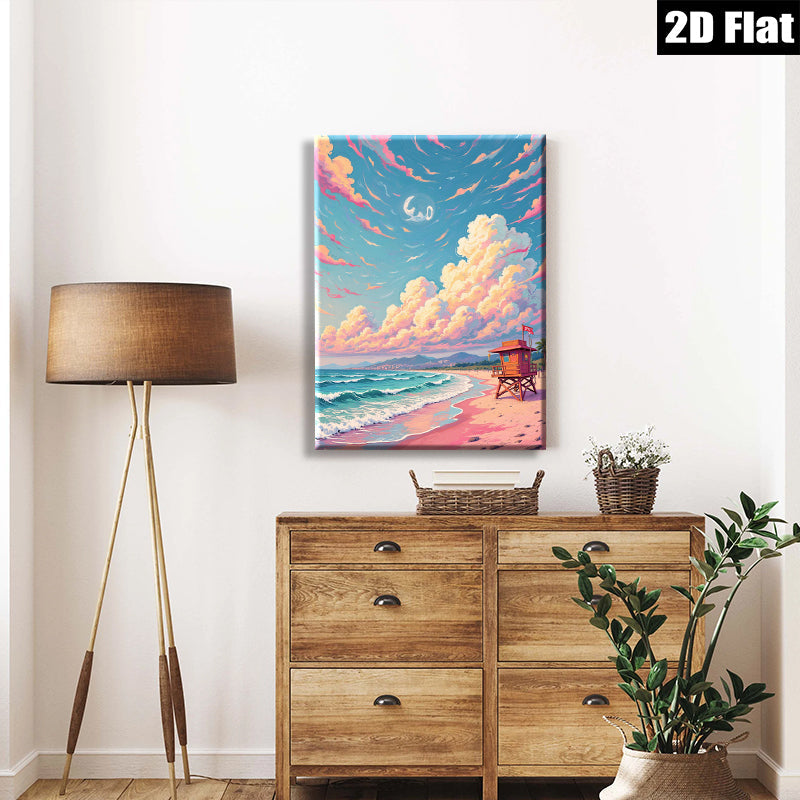 2D flat 1pc Coastal Beach Lifeguard Tower Sunset Ocean Wall Art for Living Room Bedroom Decor Modern Farmhouse Style Canvas Prints Wrapped Ready to Hang