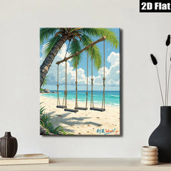 2D flat 1pc Coastal Beach Swing Ocean View Wall Art Canvas Prints for Living Room Bedroom Home Decor Farmhouse Style Modern Minimalist Gallery Wrapped Ready to Hang