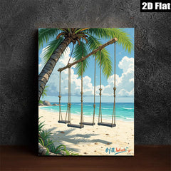 2D flat 1pc Coastal Beach Swing Ocean View Wall Art Canvas Prints for Living Room Bedroom Home Decor Farmhouse Style Modern Minimalist Gallery Wrapped Ready to Hang