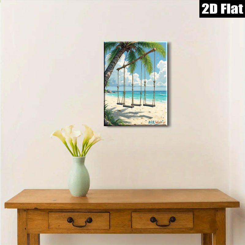 2D flat 1pc Coastal Beach Swing Ocean View Wall Art Canvas Prints for Living Room Bedroom Home Decor Farmhouse Style Modern Minimalist Gallery Wrapped Ready to Hang