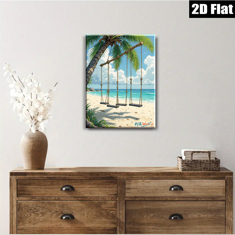 2D flat 1pc Coastal Beach Swing Ocean View Wall Art Canvas Prints for Living Room Bedroom Home Decor Farmhouse Style Modern Minimalist Gallery Wrapped Ready to Hang