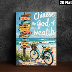 2D flat 1pc Coastal Bicycle Beach Road Sign Wall Art Decor for Living Room Bedroom Bathroom Home Office Gallery Wrapped Canvas Prints Ready to Hang Farmhouse Style
