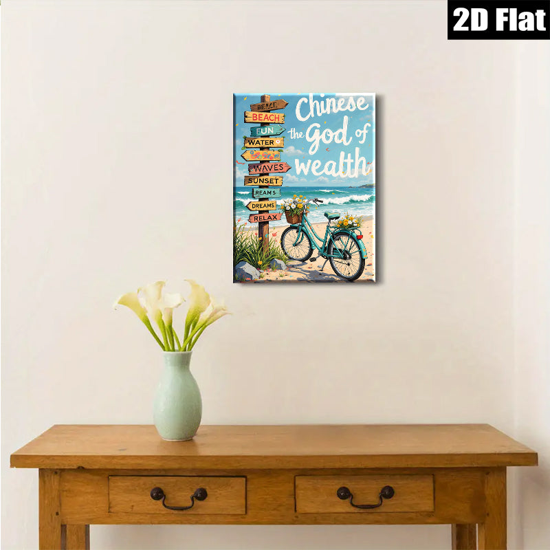 2D flat 1pc Coastal Bicycle Beach Road Sign Wall Art Decor for Living Room Bedroom Bathroom Home Office Gallery Wrapped Canvas Prints Ready to Hang Farmhouse Style