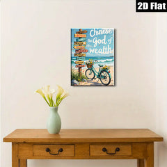 2D flat 1pc Coastal Bicycle Beach Road Sign Wall Art Decor for Living Room Bedroom Bathroom Home Office Gallery Wrapped Canvas Prints Ready to Hang Farmhouse Style