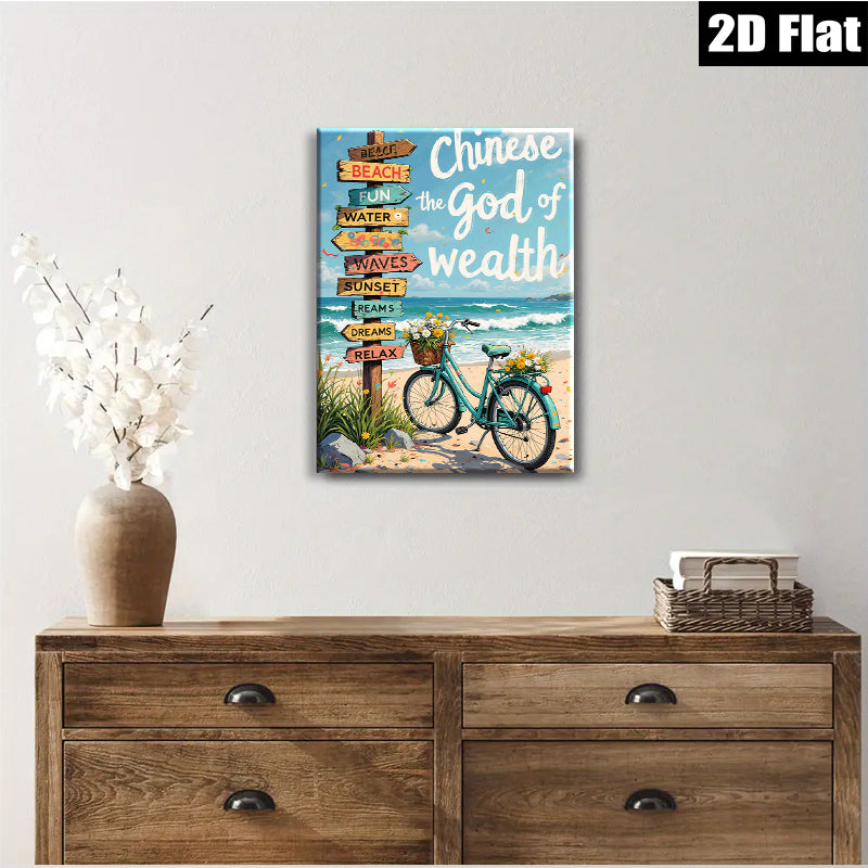 2D flat 1pc Coastal Bicycle Beach Road Sign Wall Art Decor for Living Room Bedroom Bathroom Home Office Gallery Wrapped Canvas Prints Ready to Hang Farmhouse Style