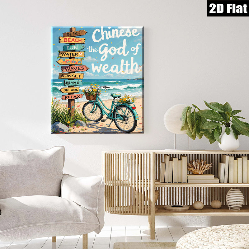 2D flat 1pc Coastal Bicycle Beach Road Sign Wall Art Decor for Living Room Bedroom Bathroom Home Office Gallery Wrapped Canvas Prints Ready to Hang Farmhouse Style