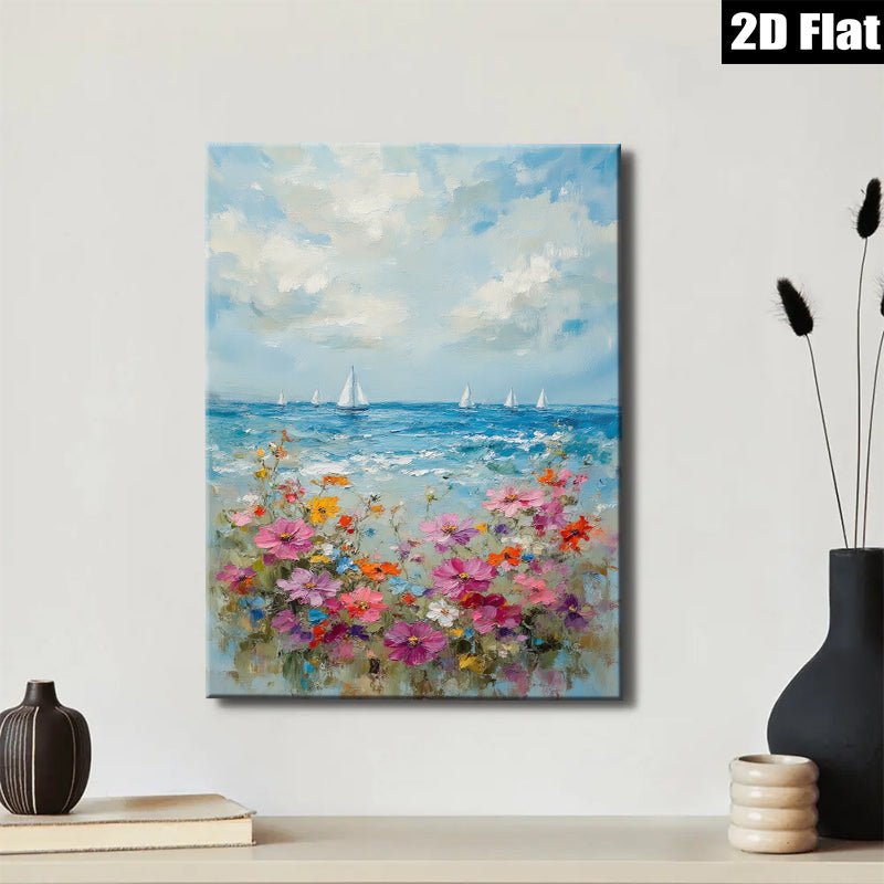 2D flat 1pc Coastal Bloom Sailing Boats Ocean View Wall Art Canvas Prints for Living Room Bedroom Home Decor Farmhouse Style Modern Artwork