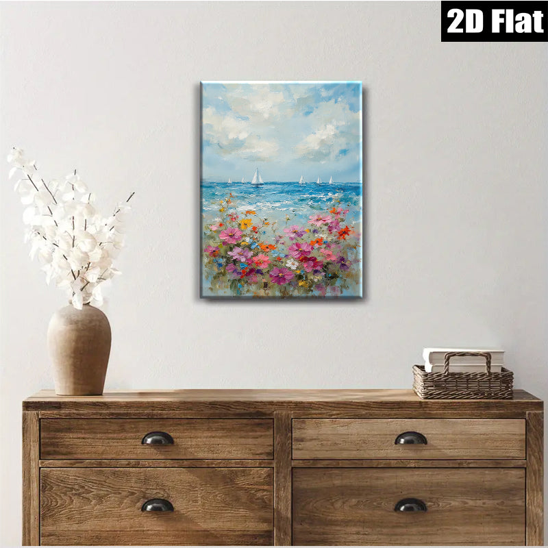 2D flat 1pc Coastal Bloom Sailing Boats Ocean View Wall Art Canvas Prints for Living Room Bedroom Home Decor Farmhouse Style Modern Artwork