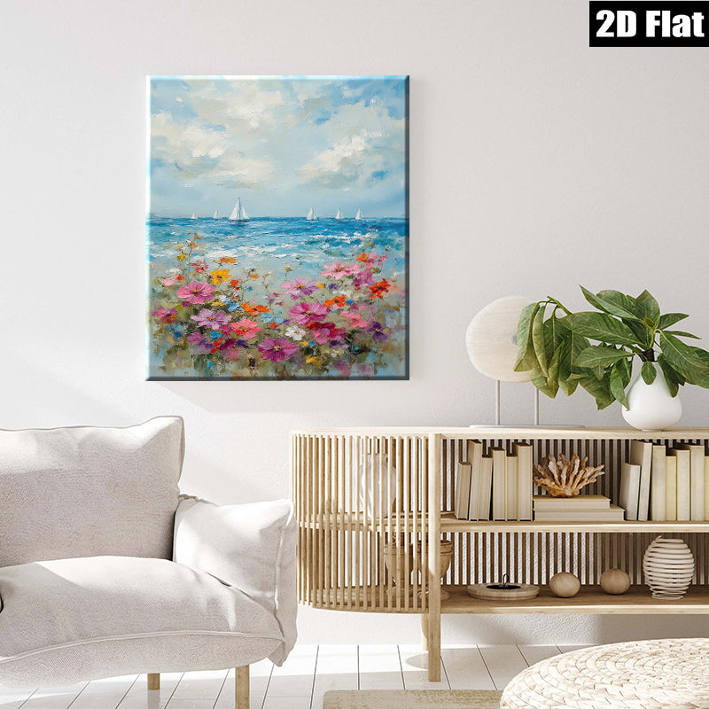 2D flat 1pc Coastal Bloom Sailing Boats Ocean View Wall Art Canvas Prints for Living Room Bedroom Home Decor Farmhouse Style Modern Artwork