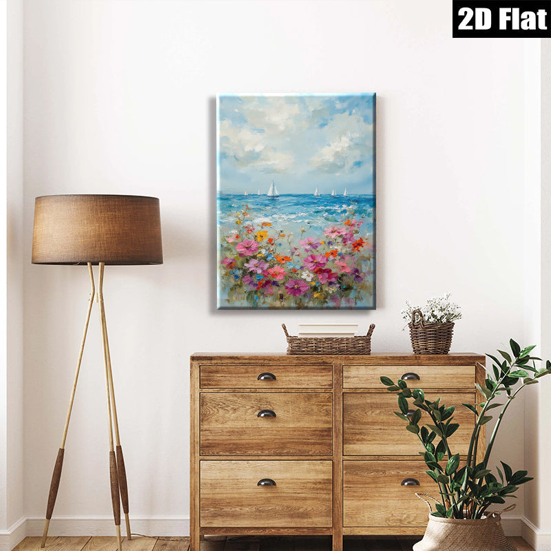 2D flat 1pc Coastal Bloom Sailing Boats Ocean View Wall Art Canvas Prints for Living Room Bedroom Home Decor Farmhouse Style Modern Artwork