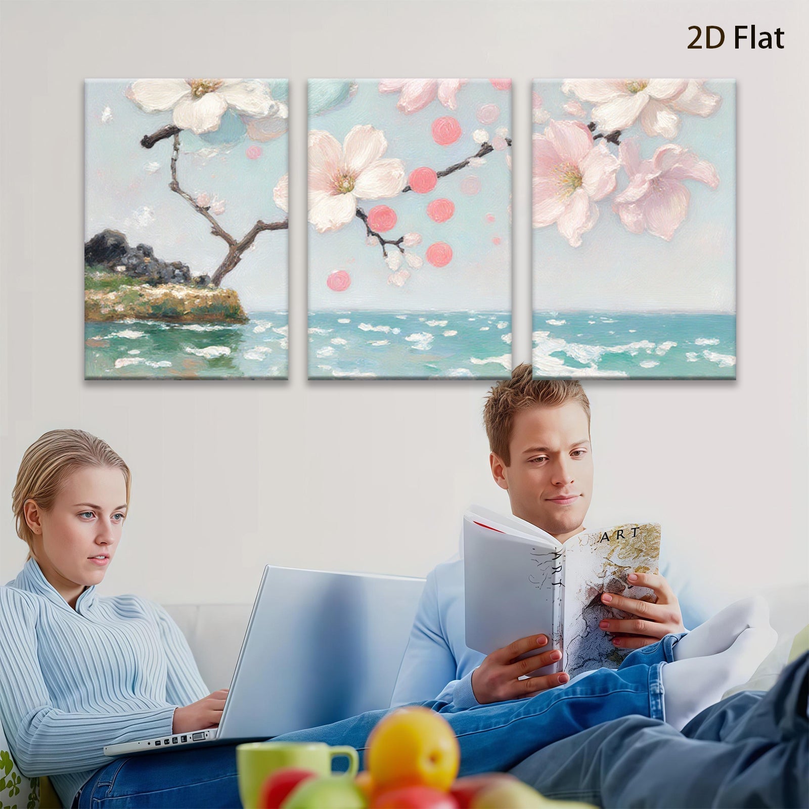 2D flat 1pc Coastal Bloom Serene Ocean Floral Canvas Wall Art for Living Room Bedroom Home Decor Farmhouse Style Modern Gallery Wrapped Ready to Hang