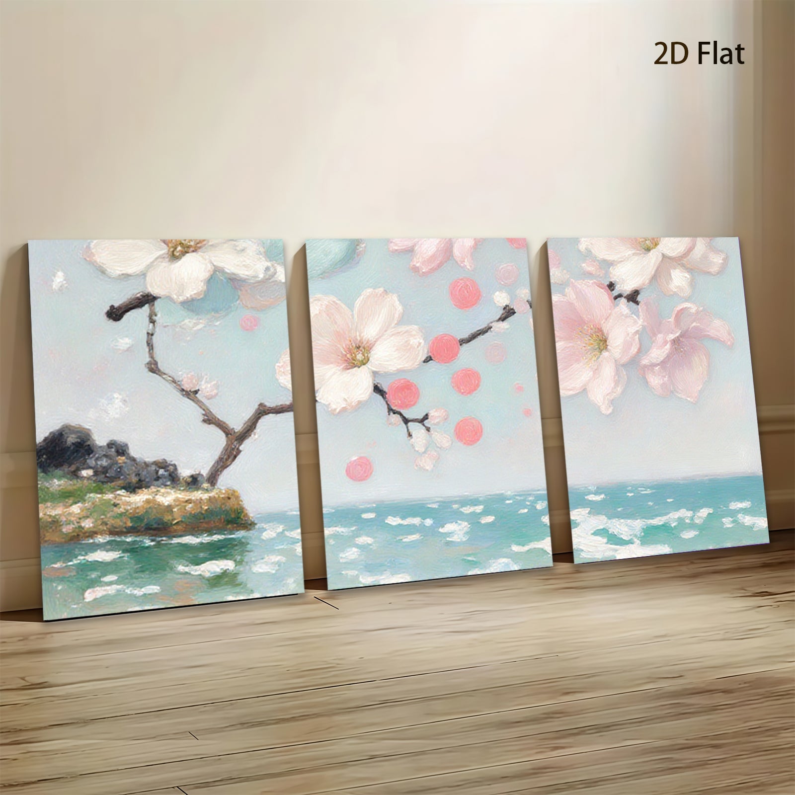 2D flat 1pc Coastal Bloom Serene Ocean Floral Canvas Wall Art for Living Room Bedroom Home Decor Farmhouse Style Modern Gallery Wrapped Ready to Hang