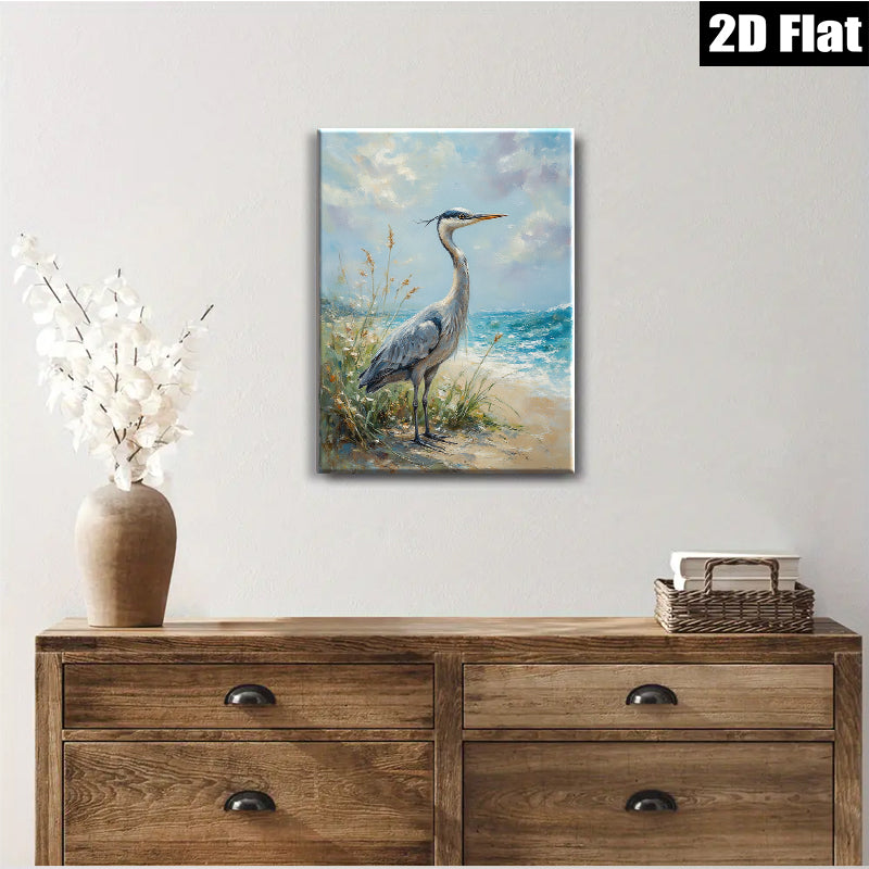 2D flat 1pc Coastal Blue Heron Wildlife Beach Scene Wall Art Decor Living Room Bedroom Modern Farmhouse Rustic Chic Canvas Prints