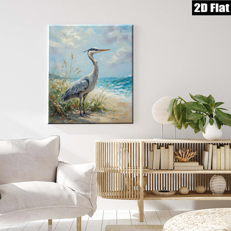 2D flat 1pc Coastal Blue Heron Wildlife Beach Scene Wall Art Decor Living Room Bedroom Modern Farmhouse Rustic Chic Canvas Prints