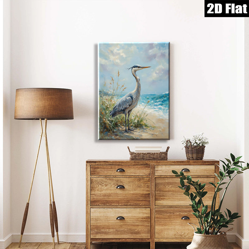 2D flat 1pc Coastal Blue Heron Wildlife Beach Scene Wall Art Decor Living Room Bedroom Modern Farmhouse Rustic Chic Canvas Prints