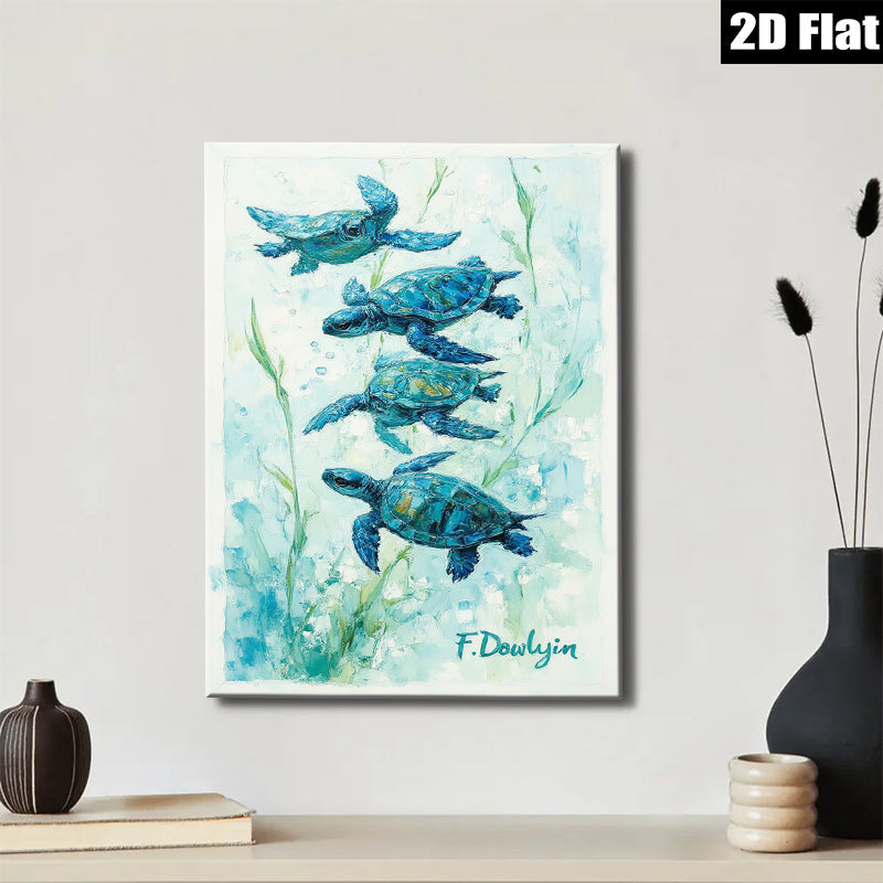 2D flat 1pc Coastal Blue Sea Turtle Watercolor Painting Modern Farmhouse Wall Art Living Room Bedroom Decor Gallery Wrapped Canvas Prints Coastal Beach Theme
