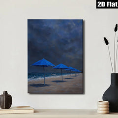 2D flat 1pc Coastal Blue Umbrellas Beach Scene Wall Art for Living Room Bedroom Home Decor Modern Farmhouse Style Gallery Wrapped Canvas Prints