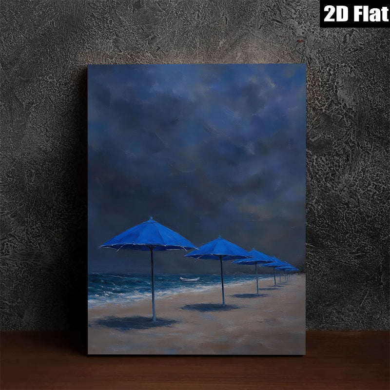 2D flat 1pc Coastal Blue Umbrellas Beach Scene Wall Art for Living Room Bedroom Home Decor Modern Farmhouse Style Gallery Wrapped Canvas Prints
