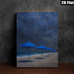 2D flat 1pc Coastal Blue Umbrellas Beach Scene Wall Art for Living Room Bedroom Home Decor Modern Farmhouse Style Gallery Wrapped Canvas Prints