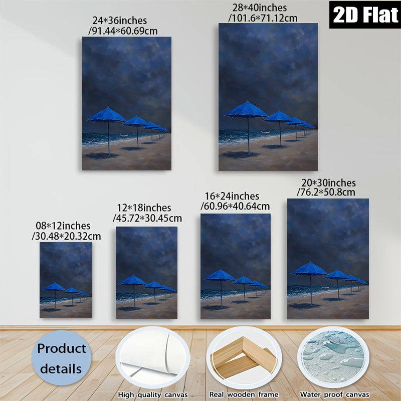 2D flat 1pc Coastal Blue Umbrellas Beach Scene Wall Art for Living Room Bedroom Home Decor Modern Farmhouse Style Gallery Wrapped Canvas Prints