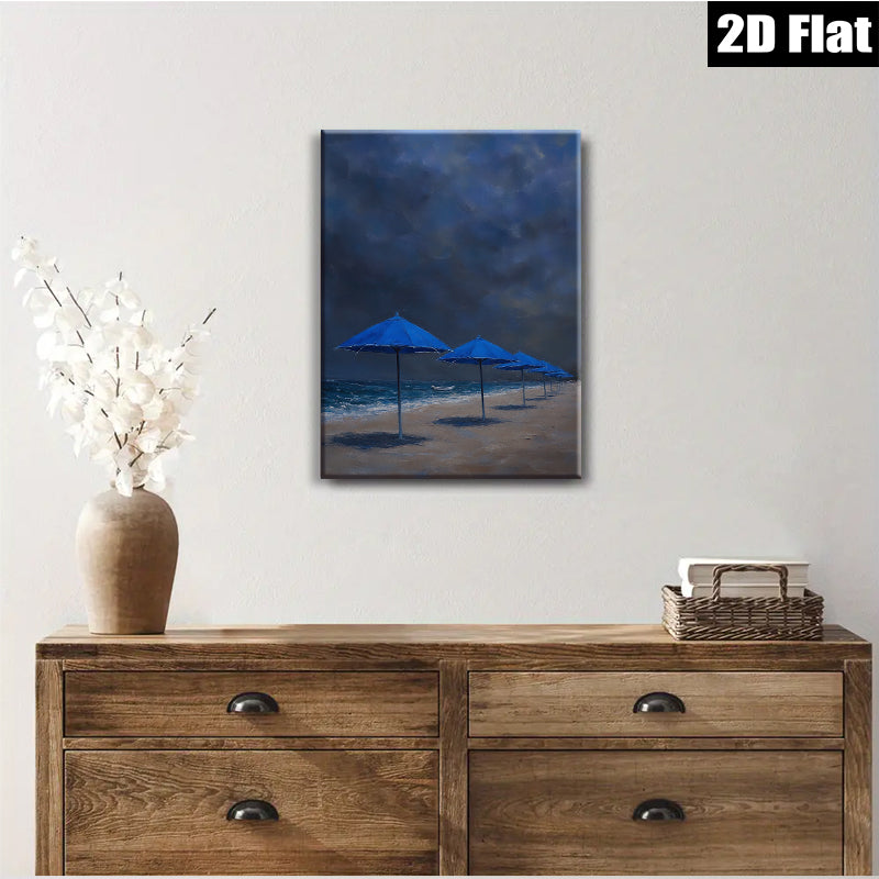 2D flat 1pc Coastal Blue Umbrellas Beach Scene Wall Art for Living Room Bedroom Home Decor Modern Farmhouse Style Gallery Wrapped Canvas Prints