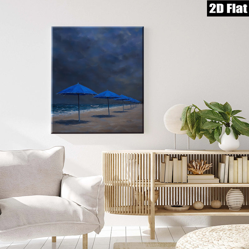 2D flat 1pc Coastal Blue Umbrellas Beach Scene Wall Art for Living Room Bedroom Home Decor Modern Farmhouse Style Gallery Wrapped Canvas Prints