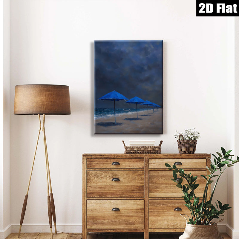 2D flat 1pc Coastal Blue Umbrellas Beach Scene Wall Art for Living Room Bedroom Home Decor Modern Farmhouse Style Gallery Wrapped Canvas Prints