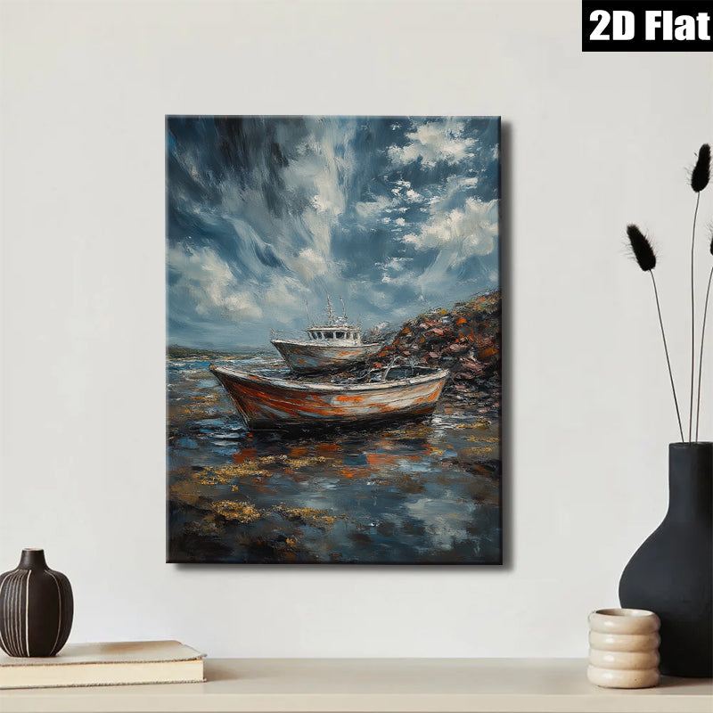 2D flat 1pc Coastal Boats at Low Tide Beach Wall Art Living Room Bedroom Decor Rustic Farmhouse Style Canvas Prints for Home Modern Gallery Wrapped Ready to Hang