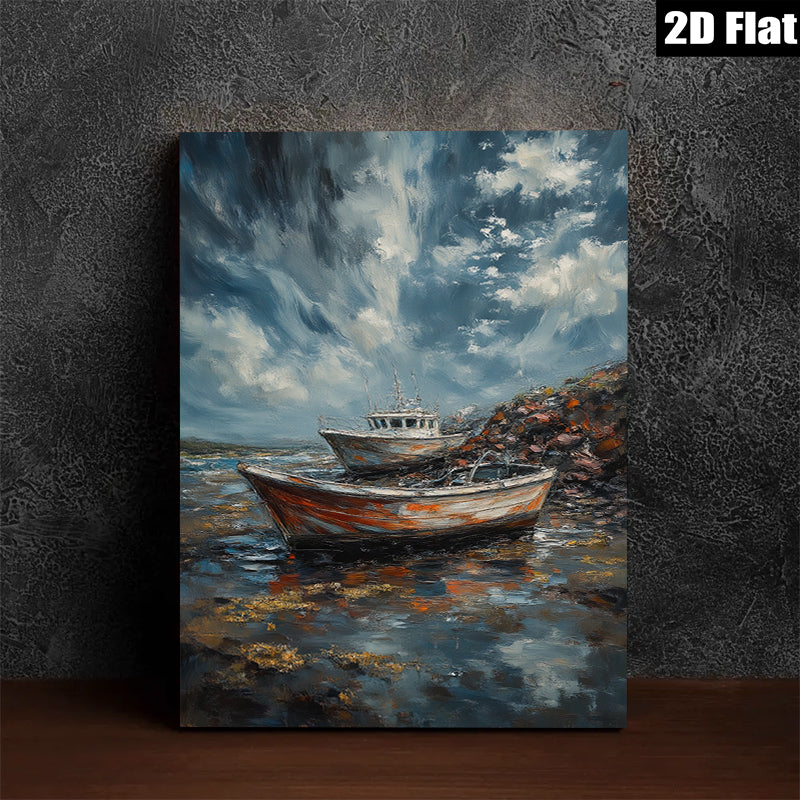 2D flat 1pc Coastal Boats at Low Tide Beach Wall Art Living Room Bedroom Decor Rustic Farmhouse Style Canvas Prints for Home Modern Gallery Wrapped Ready to Hang