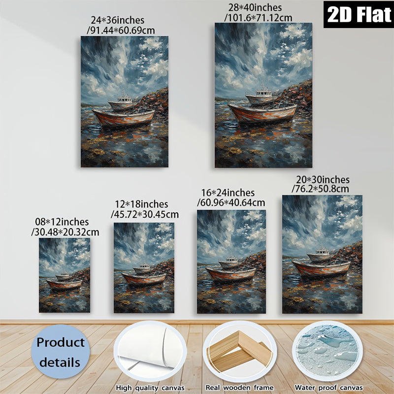 2D flat 1pc Coastal Boats at Low Tide Beach Wall Art Living Room Bedroom Decor Rustic Farmhouse Style Canvas Prints for Home Modern Gallery Wrapped Ready to Hang