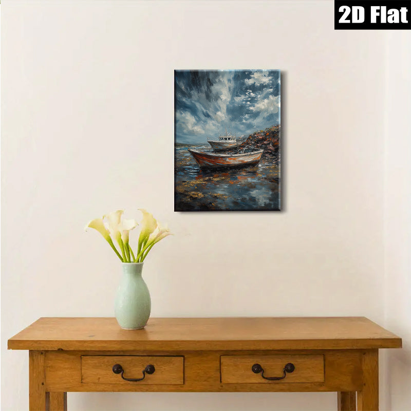 2D flat 1pc Coastal Boats at Low Tide Beach Wall Art Living Room Bedroom Decor Rustic Farmhouse Style Canvas Prints for Home Modern Gallery Wrapped Ready to Hang