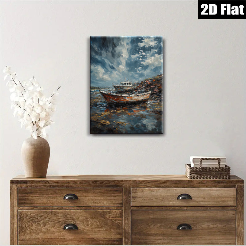 2D flat 1pc Coastal Boats at Low Tide Beach Wall Art Living Room Bedroom Decor Rustic Farmhouse Style Canvas Prints for Home Modern Gallery Wrapped Ready to Hang