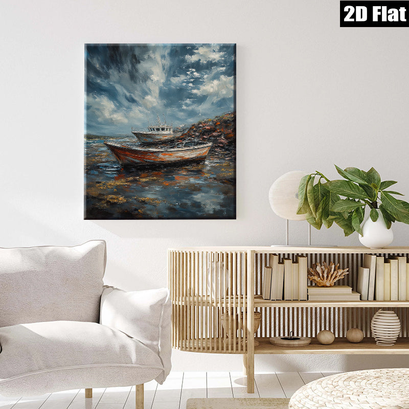 2D flat 1pc Coastal Boats at Low Tide Beach Wall Art Living Room Bedroom Decor Rustic Farmhouse Style Canvas Prints for Home Modern Gallery Wrapped Ready to Hang