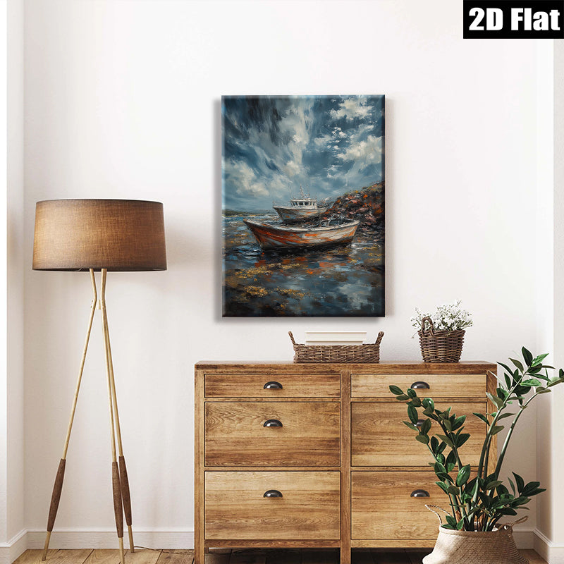 2D flat 1pc Coastal Boats at Low Tide Beach Wall Art Living Room Bedroom Decor Rustic Farmhouse Style Canvas Prints for Home Modern Gallery Wrapped Ready to Hang