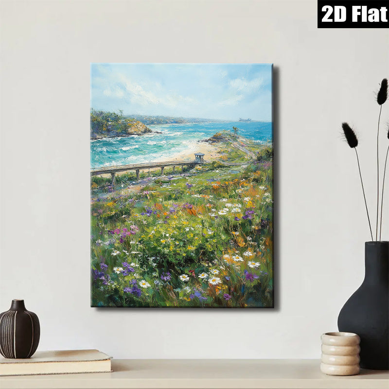 2D flat 1pc Coastal California wildflowers bloom beside iconic beach lifeguard station perfect for living room bedroom decor farmhouse wall art