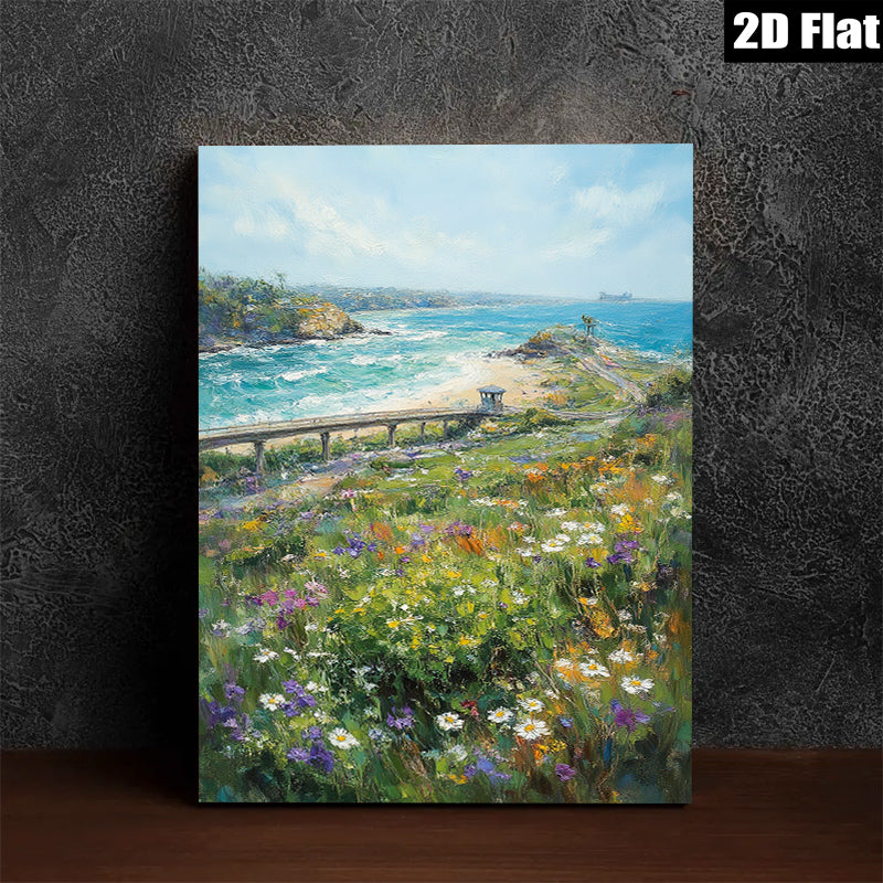 2D flat 1pc Coastal California wildflowers bloom beside iconic beach lifeguard station perfect for living room bedroom decor farmhouse wall art
