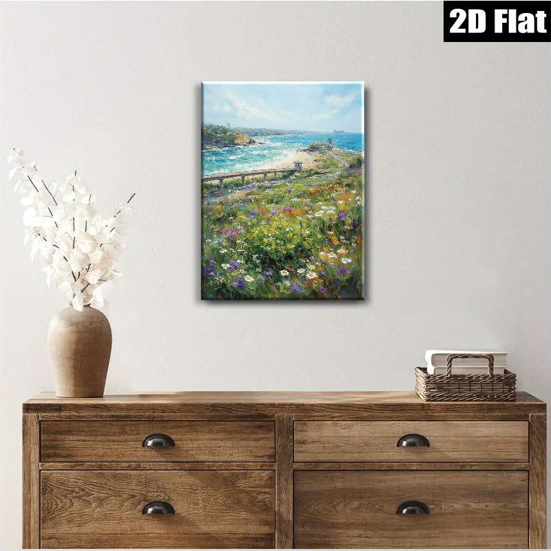 2D flat 1pc Coastal California wildflowers bloom beside iconic beach lifeguard station perfect for living room bedroom decor farmhouse wall art