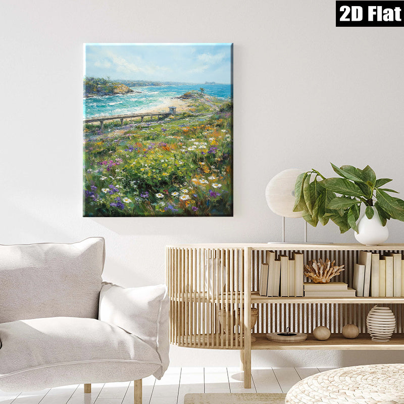 2D flat 1pc Coastal California wildflowers bloom beside iconic beach lifeguard station perfect for living room bedroom decor farmhouse wall art