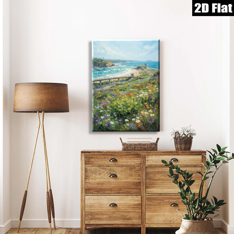 2D flat 1pc Coastal California wildflowers bloom beside iconic beach lifeguard station perfect for living room bedroom decor farmhouse wall art
