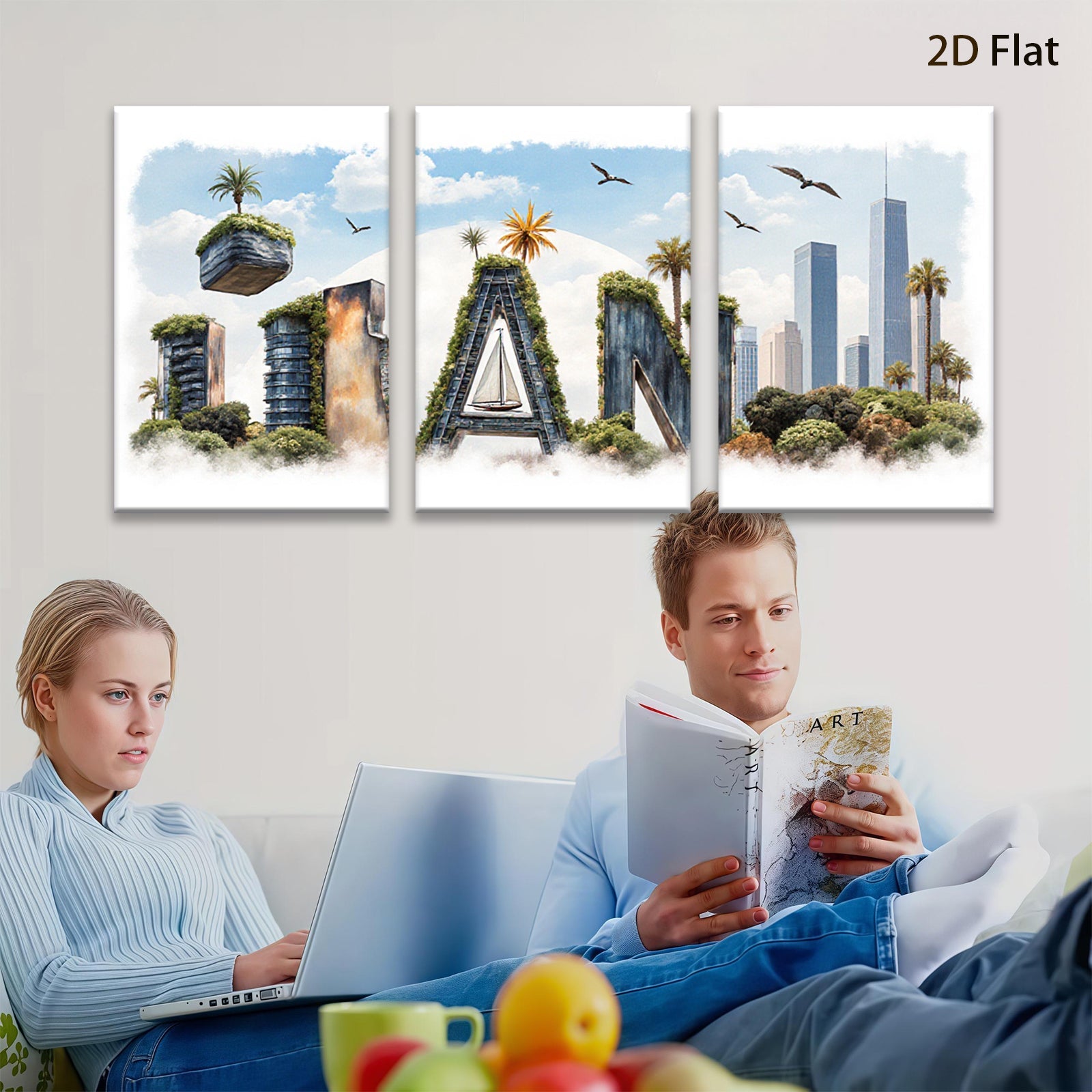 2D flat 1pc Coastal Cityscape Canvas Wall Art Modern Living Room Bedroom Decor Botanical Garden Tropical Vibes Gallery Wrapped Ready Hang Farmhouse Style