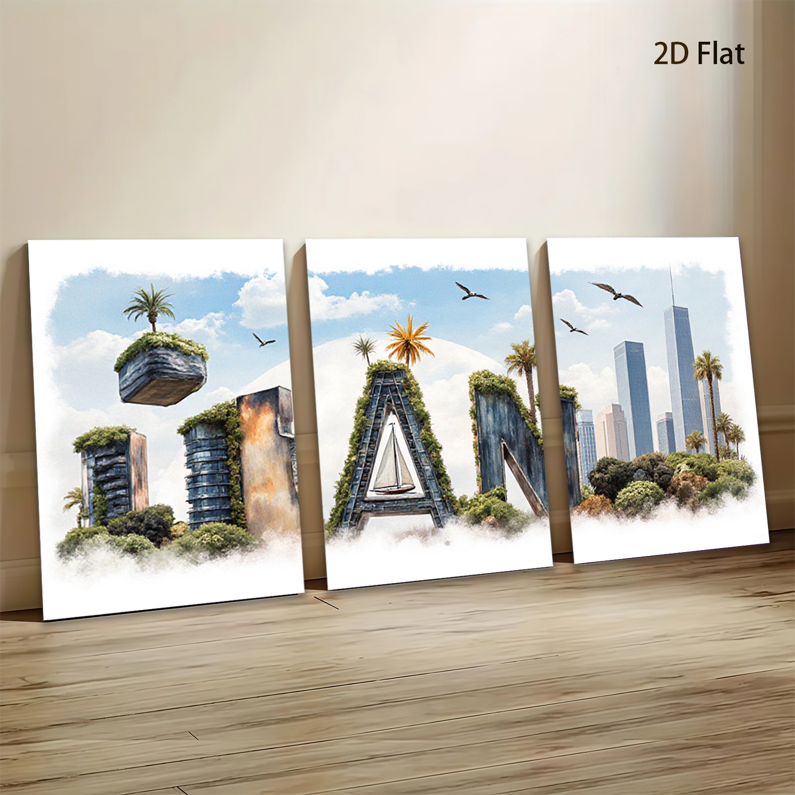 2D flat 1pc Coastal Cityscape Canvas Wall Art Modern Living Room Bedroom Decor Botanical Garden Tropical Vibes Gallery Wrapped Ready Hang Farmhouse Style